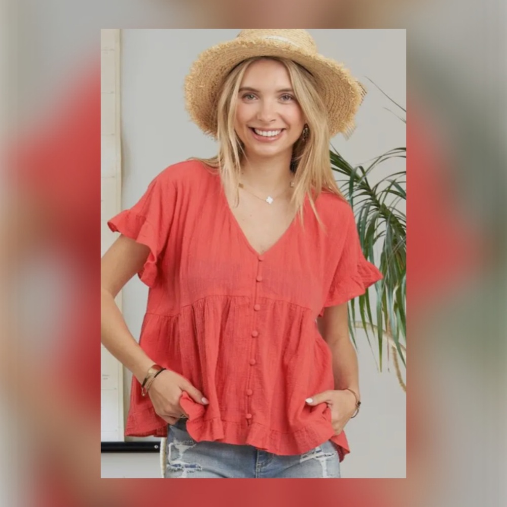 Women's Coral Button-Down Top